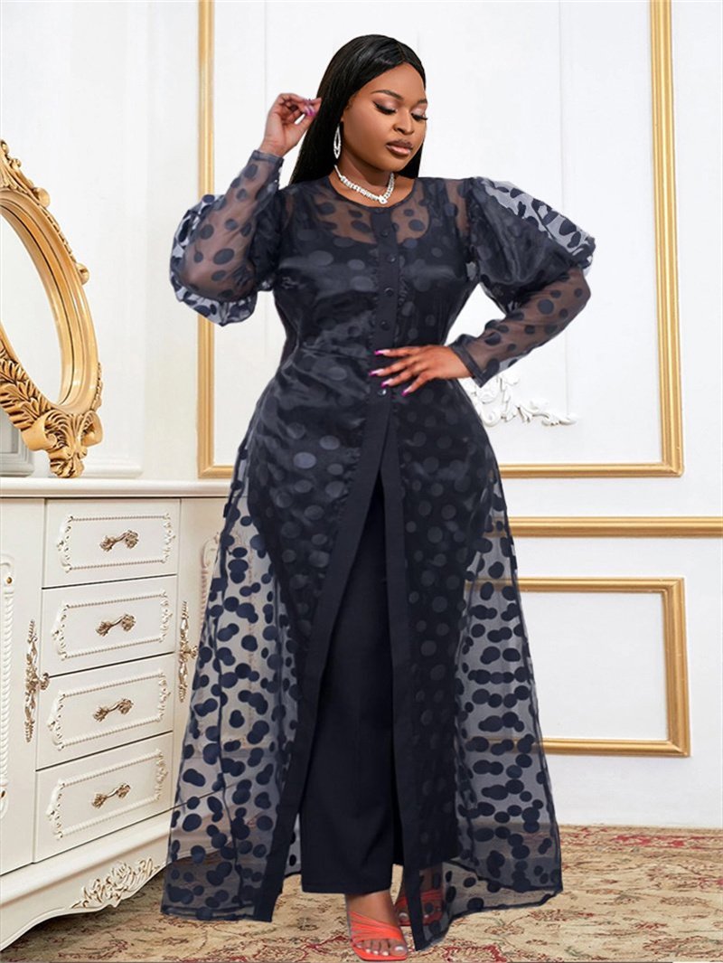 Long Puff Sleeve Organza Polka Dot Maxi Dress