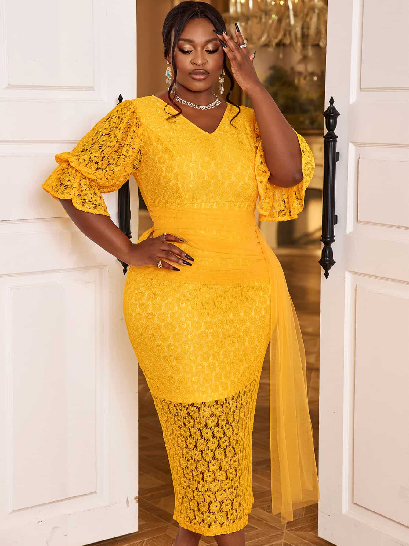 v neck yellow lace dress