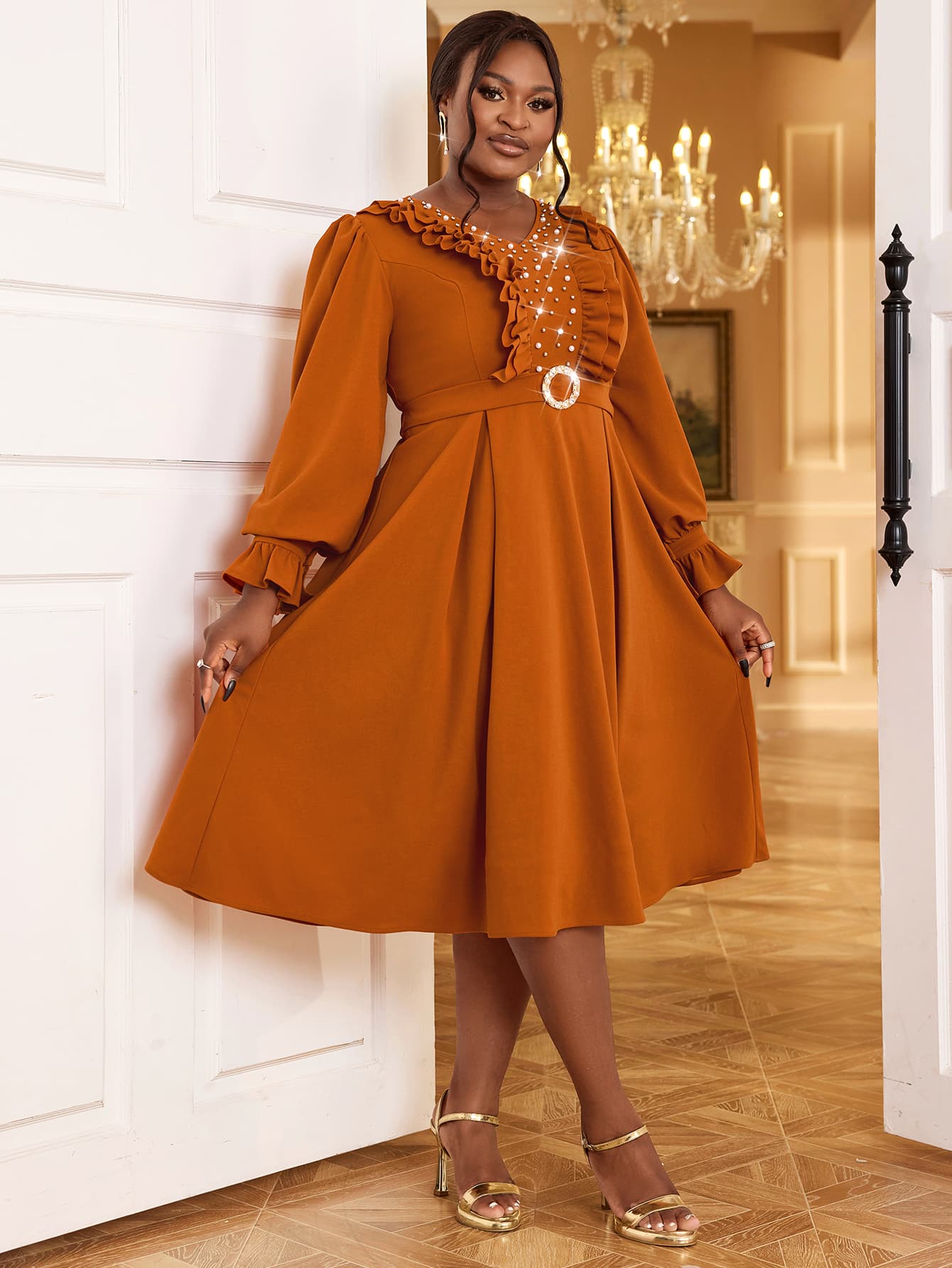V Neck Long Flare Sleeve Beaded A Line Casual Midi Dress Bulk Buy