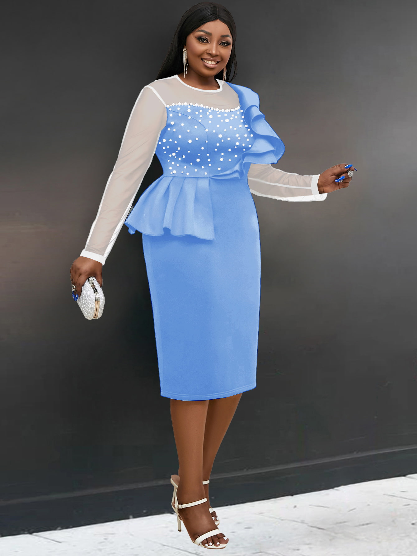 Sky Blue Ruffles Tulle Patchwork Beaded Evening Party Dress Manufacturer Wholesale